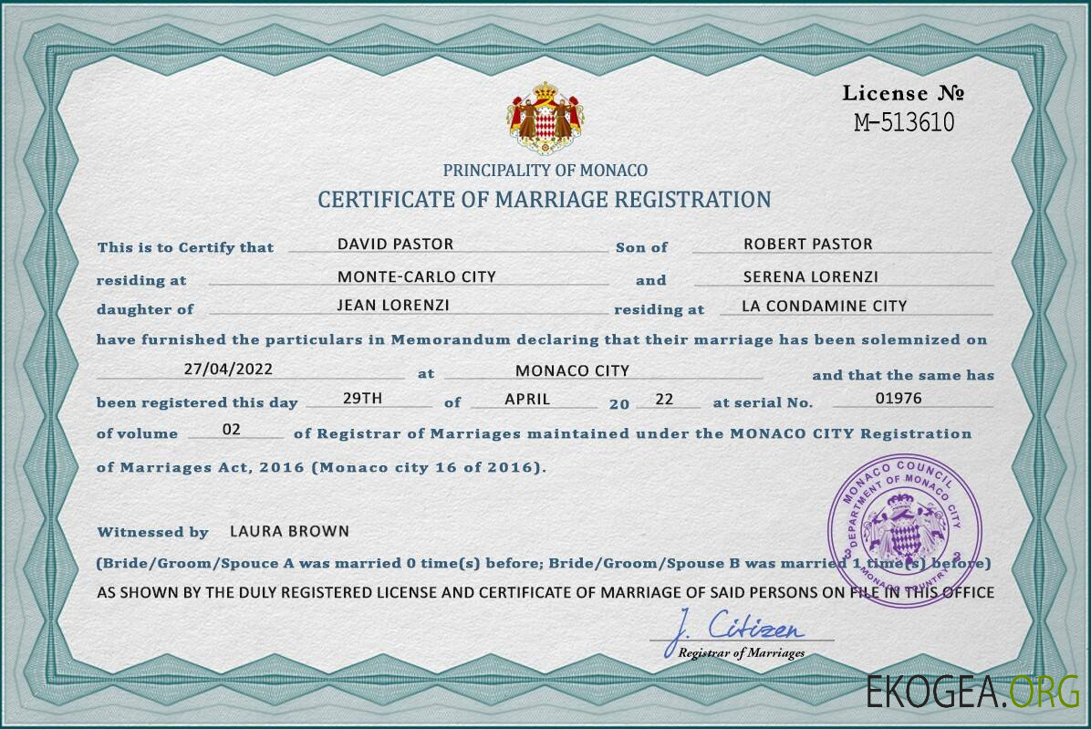 Modèle PSD de certificat de mariage de Monaco